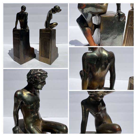 Bronze Bookends Nude Man Woman Art Nouveau Sculpture Circa 1916 “Classic Art” - Picture 9 of 16